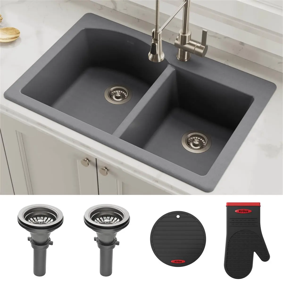 212 MAIN Kraus Forteza™ KGD-50GREY 33 in. Dual Mount Drop-In Type Heat Safe Stain Proof Granite Kitchen Sink, 60/40 Double Bowl