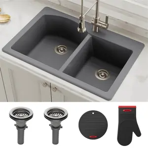 212 MAIN Kraus Forteza™ KGD-50GREY 33 in. Dual Mount Drop-In Type Heat Safe Stain Proof Granite Kitchen Sink, 60/40 Double Bowl