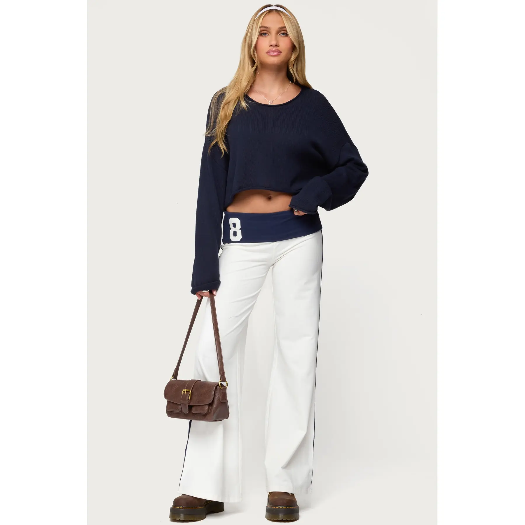 8 Contrast Fold Over Wide Leg Pants