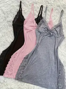 Women's Sexy Lace Trim Sleep Dress • Side Slit Cami Lounge Nightgown