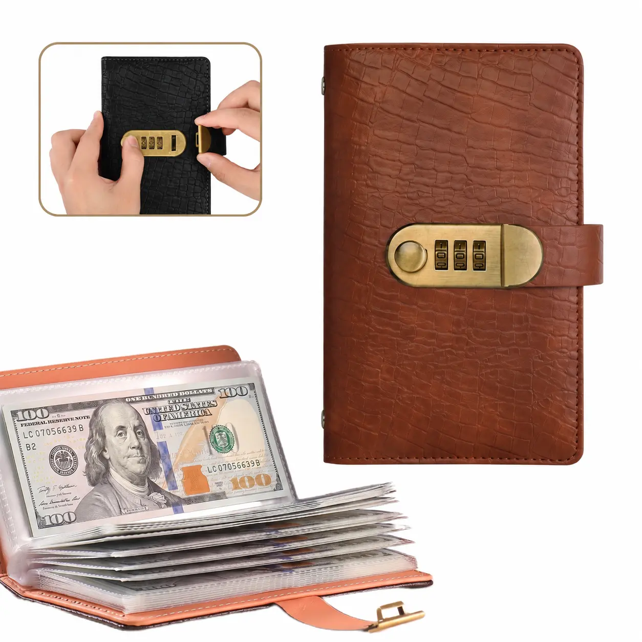 Lockable Password Book with 50 Sheets/100 Pages, Vintage PU Leather Savings Notebook Cash Binder Organizer Logbook, Extended A6 Cash Notebook Bill Organizer Planner Monthly Budget Planner, Portable Office Accounting Supplies