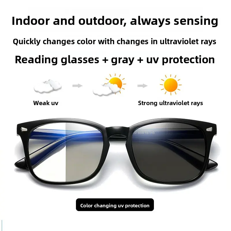 Men's Smart Color-Changing Reading Glasses with Glossy Black Frame (Spring Teeth), Anti-Blue Light, High-Definition Progressive Multi-Focus, UV Protection for Indoor & Outdoor Use