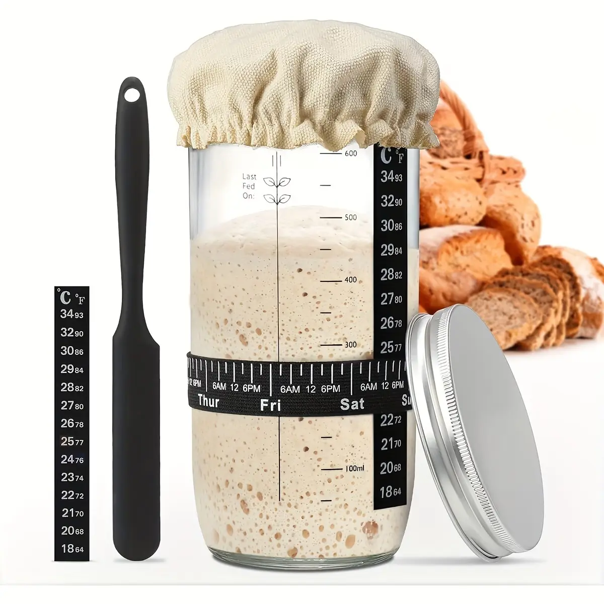 1pc Fermentation Jar 24oz, Glass Jar with Auxiliary Label, Fermentation Jar Kit Set, Thermometer, with Scraper, Stitched Cloth Lid and Aluminum Lid, Suitable for Bread Baking Supplies, Juice Fermentation Glass Jar