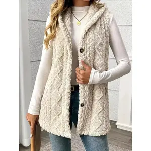 Button Up Plush Hooded Vest Coat Cozy Winter Long Sleeve Stylish Womenswear