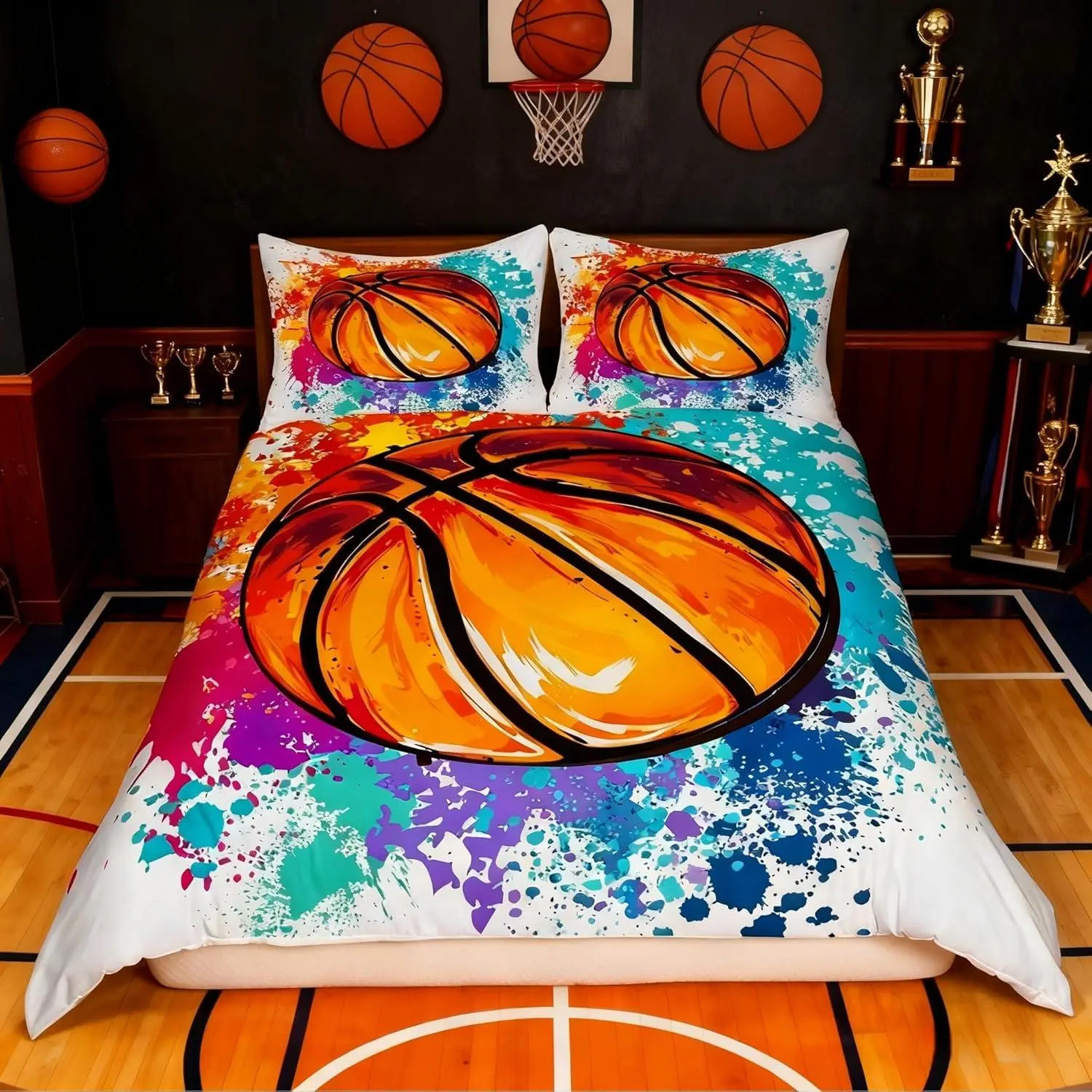 Basketball Duvet Cover Set,Watercolor Tie-dye Bedding Set for Kid Teen Boys Girls Room Decor,Sports Game Comforter Cover,Colorful Graffiti Hip Hop Quilt Cover