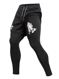 Men's Cross Praying Gesture Print Sporty 2 in 1 Compression Pants, Quick Dry Athletic Sports Running Baselayer, Spring & Fall Gym Workout Fitness Tights Leggings with Phone Pocket, Zipper Pocket, Towel Loop