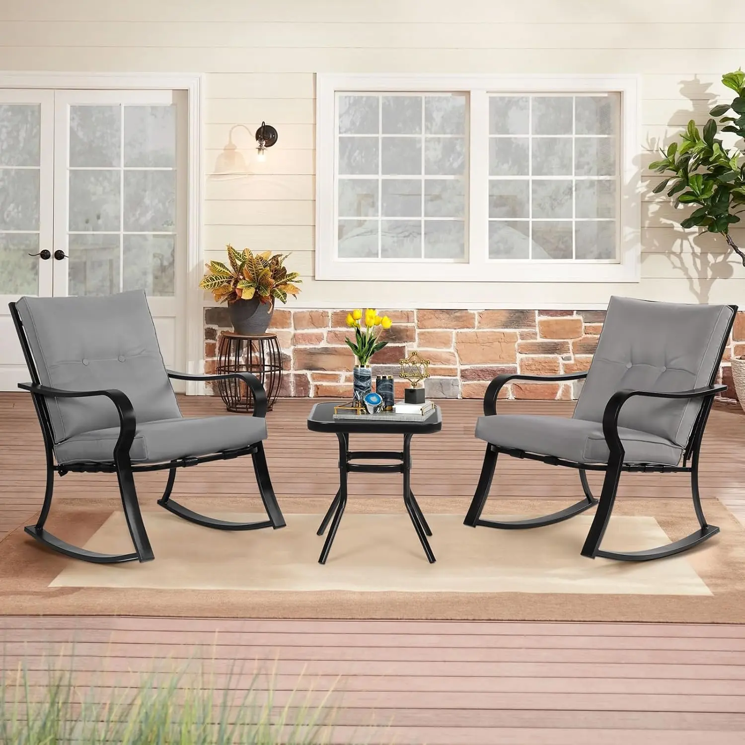 INTERGREAT 3-Piece Outdoor Rocking Chairs Bistro Set, Black Iron Patio Furniture with Gray Thickened Cushion & Glass-Top Coffee Table#Summervibes