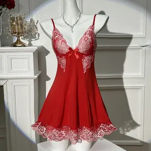 Women Sexy Lingerie Babydoll Mini Dress Floral Lace Sheer Chemise Sleepwear Mesh Lingerie Set with G-String Thong Nightdress Pajamas Wear