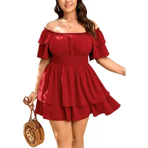 SCOMCHIC Women Plus Size Romper Dress Summer Off The Shoulder Square Neck Short Sleeve High Waist Ruffle Boho Short Jumpsuit