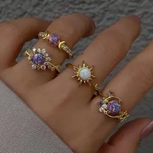 Women’s Sun & Moon Gemstone Ring Set, Trendy Geometric Stackable Rings with Sparkling Crystal Detail, Minimalist Light Luxury Jewelry for Daily Wear, Dates, Parties & Gift Giving