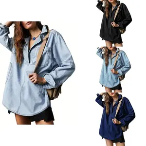 Women's Long Sleeve Denim Tops, Casual V Neck Loose Fit Jean, Pullover Shirt Jacket with Pockets, Ladies Clothes for Indoor Outdoor Wear, Ladies Clothes for Daily Wear