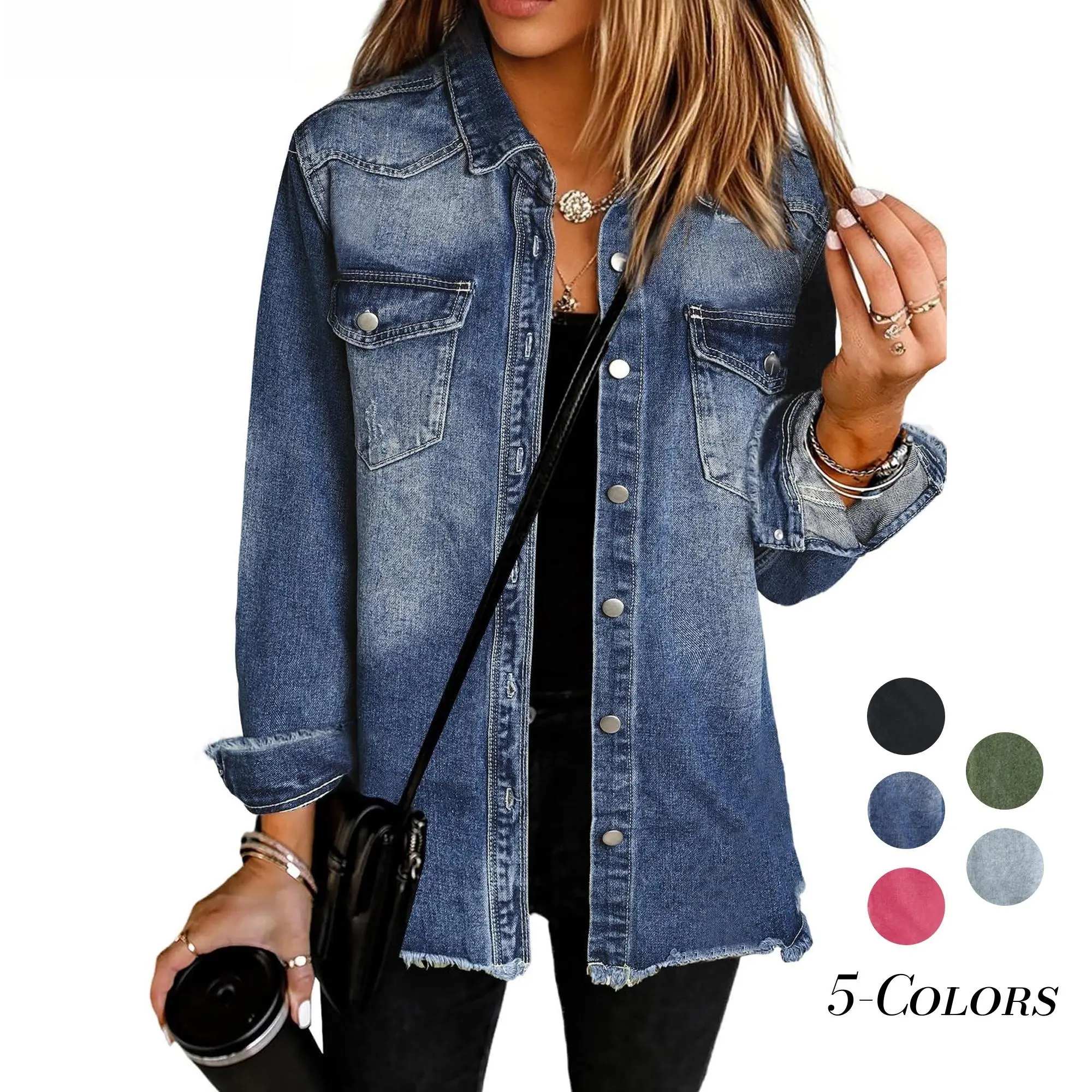 Genleck US Women's Collared Denim Shirt Jacket – Button Front with Frayed Hem Loose Fit and Figure-Flattering Casual Versatile Denim Outerwear