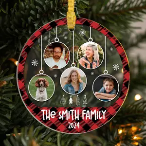 Personalized Family Christmas Ornament 2024 - Custom Plaid Design with Family Photos, Keepsake Decoration Featuring Individual Faces of Family Members and Pet