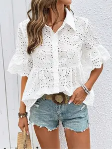 Summer Hollow Out Shirt with Embroidery, Women's Elegant Summer Blouse, Fashionable Casual Fitted Top for Beach & Parties
