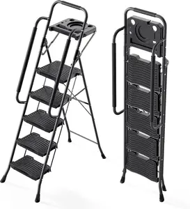 5 Step Ladder with Tool Platform, 900 lbs Sturdy Step Stool with Handrail, Folding Steel Ladder with Wide Pedal, Safety Ladder for Adults Home Outdoor Painting Garage Office