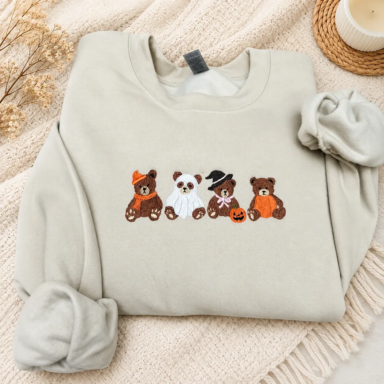 [MADE IN US] Spooky Teddy Bears Halloween, Cute Teddy Bear Spooky Season Embroidered Sweatshirt, Fall Sweatshirt Embroidered