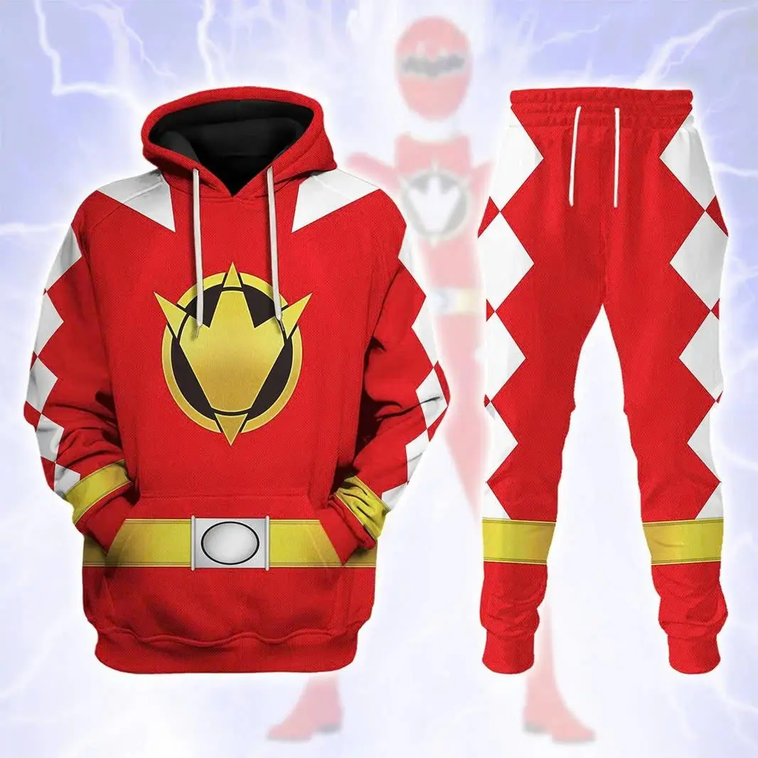 Power Rangers Dino Thunder Hoodie And Sweatpants Set, Triassic Ranger Costume Tracksuit, Superhero Graphic Streetwear Outfit, Casual Pullover And Jogger Pants Activewear