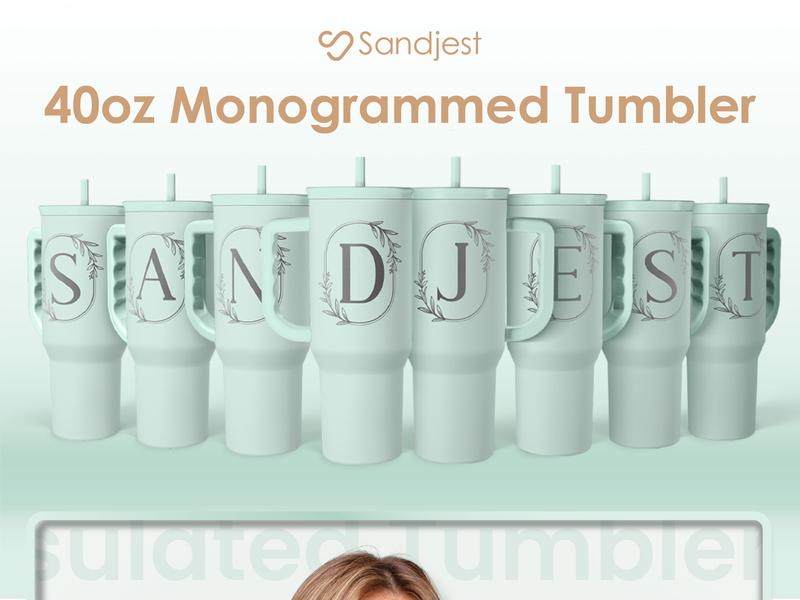 Sandjest Mint Personalized Initial 40oz Tumbler with Straw & Handle Stainless Steel Insulated Vacuum Cup, Home School Office, Christmas Birthday Gift