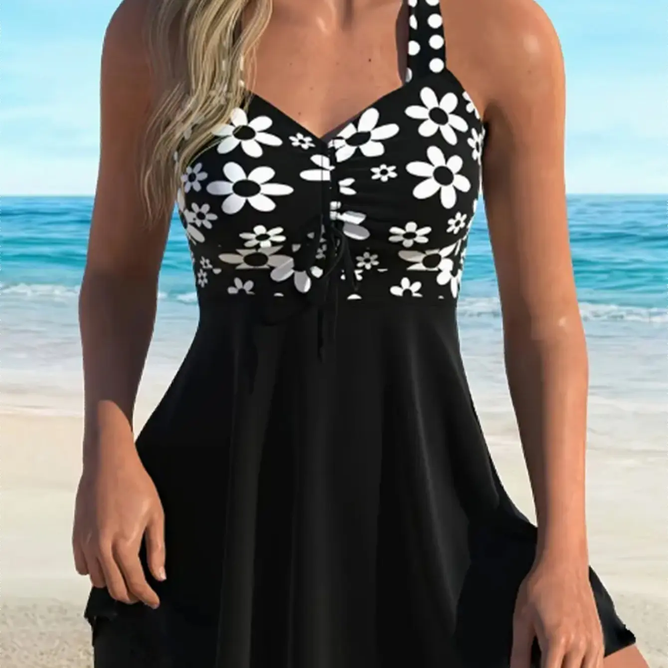 Black and white small floral (skirt + shorts swims