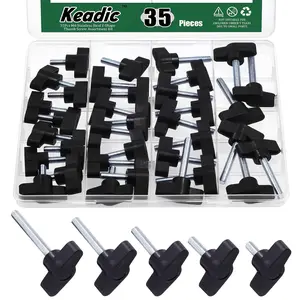 35 Pcs M6 5 Sizes Clamping Screw Knob Thumb Screws Assortment Set Carbon Steel 36# Threaded Knurled Thumbscrew Screw on Tee Wing Plastic Knob-M6 x [13-50] mm
