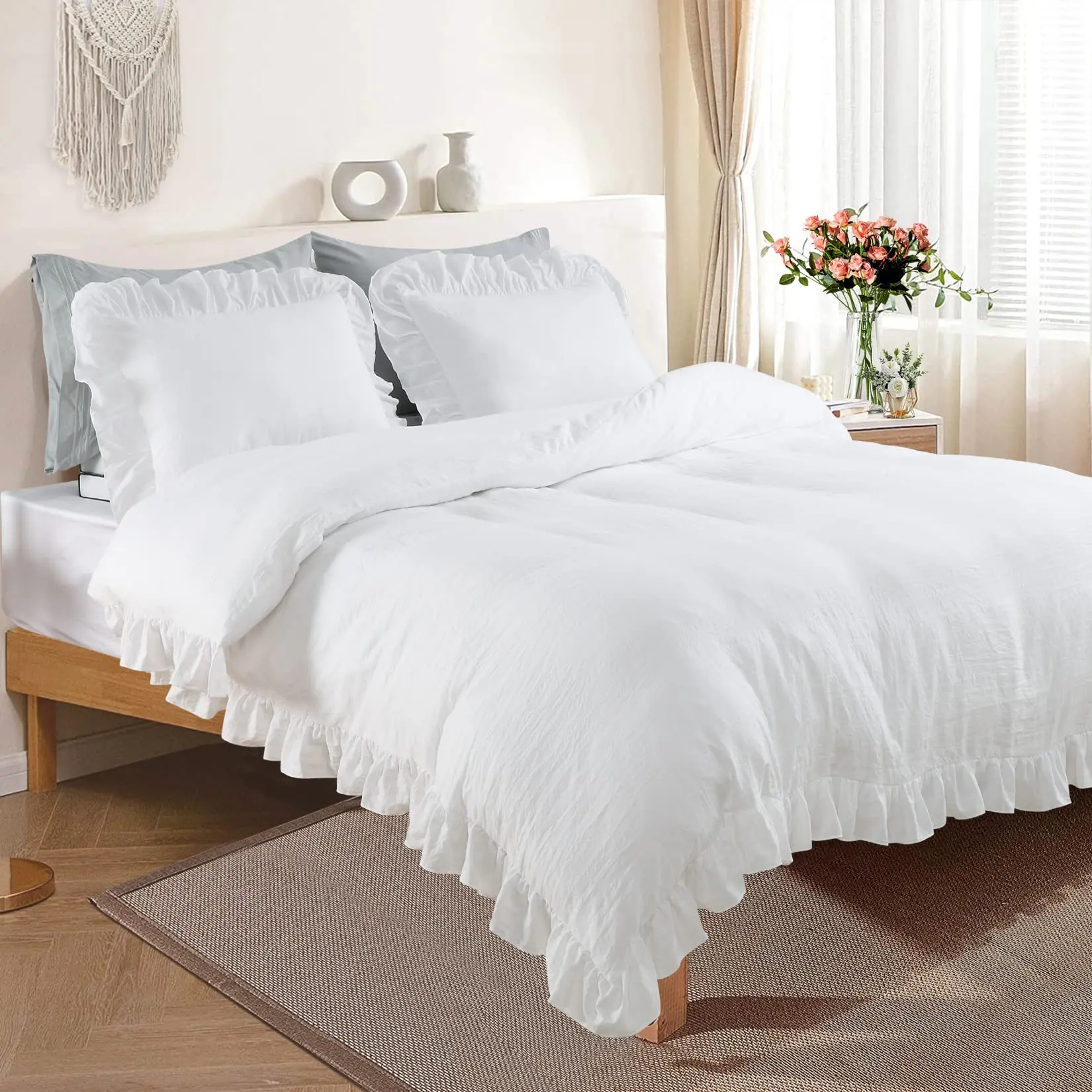 Queen Size Microfibre Duvet Cover Set (3-Piece, White) - Ruffled Fringe, Hidden Buttons, Soft Washed Vintage Texture, Corner Ties, Envelope Closure, Wrinkle Resistant, Fade Resistant, Machine Washable (90x90 Duvet Cover, 2 Pillow Shams)