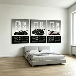 3 Piece Framed Porsche GT3 RS Canvas Wall Art, Modern Minimalist Car Poster Set, Waterproof Racing Artwork for Living Room Bedroom, Ideal Gift for Car Enthusiasts