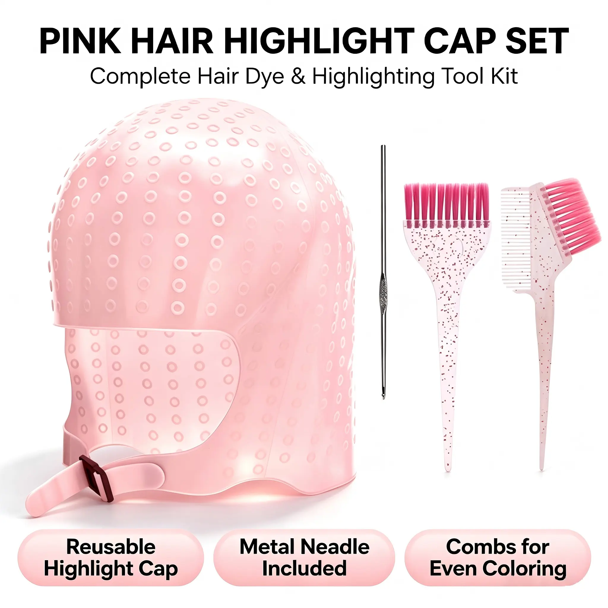 Hair Highlight Cap Set – Reusable Silicone Highlighting Cap with Metal Needle, Tint Brushes & Comb, Complete Hair Dye & Coloring Tool Kit for Salon or Home Use