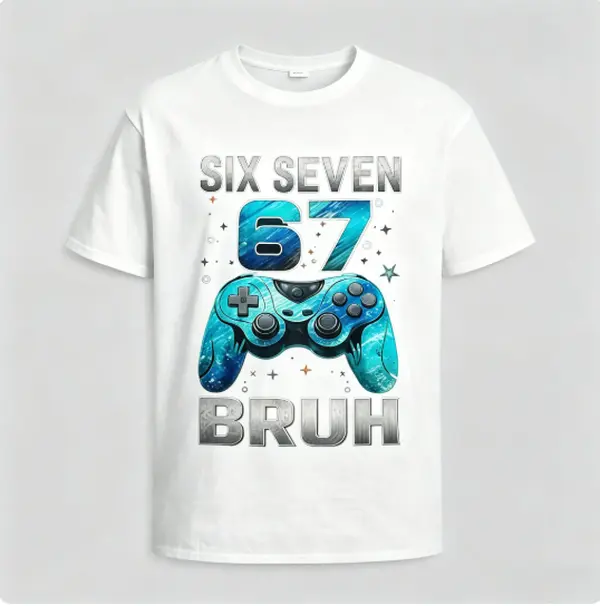 Six Seven 67 Bruh Gaming Controller Graphic T-Shirt, Viral Gen Z Slang Gamer Tee for Boys & Teens, Cool Retro Video Game Streetwear Short Sleeve Top, Trendy Birthday Gift for Young Gamers & Streamers