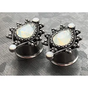 PAIR of Unique Vintage Antique Silver Top Faceted Opalite Teardrop Double Flare Tunnels/Plugs - Gauges 2g (6mm) thru 5/8" (16mm)