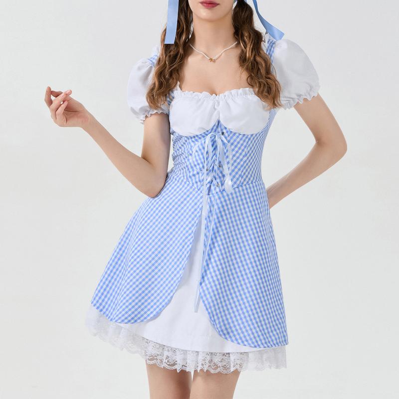 Women's Cosplay Sweetie Costume Short Puff Sleeve Lace Hem Plaid Corset Party Dress Women's Cosplay Sweetie Costume Short Puff Sleeve Lace Hem Plaid Corset Party Dress