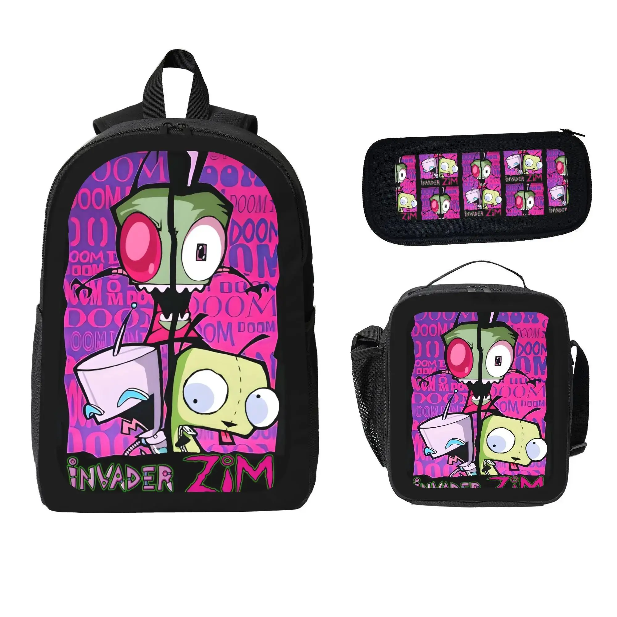 Invader Zim Inspired 3-Piece Backpack Collection - Matching School Backpack, Pencil Case & Lunch Bag Polyester Construction, Lightweight for Everyday Adventure