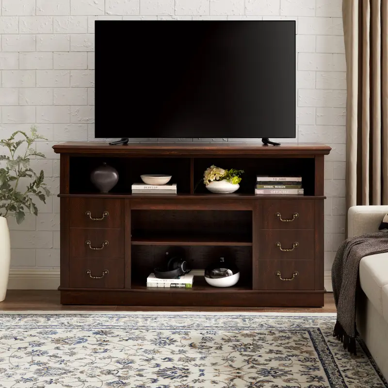 Sturdy Farmhouse Rustic TV Media Stand, Espresso MDF Living Room Entertainment Console for TVs Up to 65", 60''W*15.75''D*34.25''H, 98.94 lbs, with Open and Closed Storage Space
