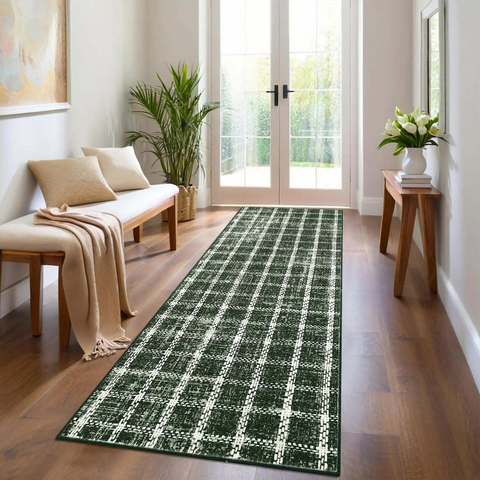 【Christmas Gift】2x6 Runner Rug Washable Non Slip Kitchen Rugs Geometric Checkered Print ， Modern Throw Carpet for Home Office, Green