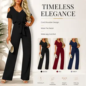Short-sleeve cutout off-shoulder jumpsuit with tie detail and pants