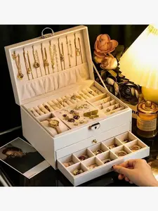 3-Layer Jewelry Box Organizer | Lockable Holder with Drawer & Velvet Earring Tray | Large Cosmetic Storage (White)
