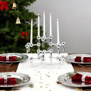 1pcs Molecular Minimalist Candlestick | Modern Silver Home Decoration "Smooth Silver Geometric Candlestick | Enhance Your Aesthetics, Atomic Design Silver Candlestick, Minimalist Metal Candlestick for Modern Home Decoration, Central Decoration for Dinner