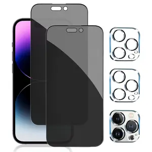 [2+2 Pack] iPhone 15/14/13/12/11 Pro Max Privacy Screen Protector with Camera Lens Protector Full Coverage Anti Spy Tempered Glass Film 9H Hardness Upgrade Edge Protection Easy to Install No Bubbles