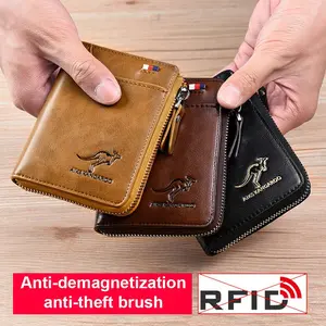 KANGAROO Mens RFID Blocking Leather Wallet Credit Card ID Holder Zipper Purse Waterproof Anti-demagnetization Anti-theft Brush Dry Clean