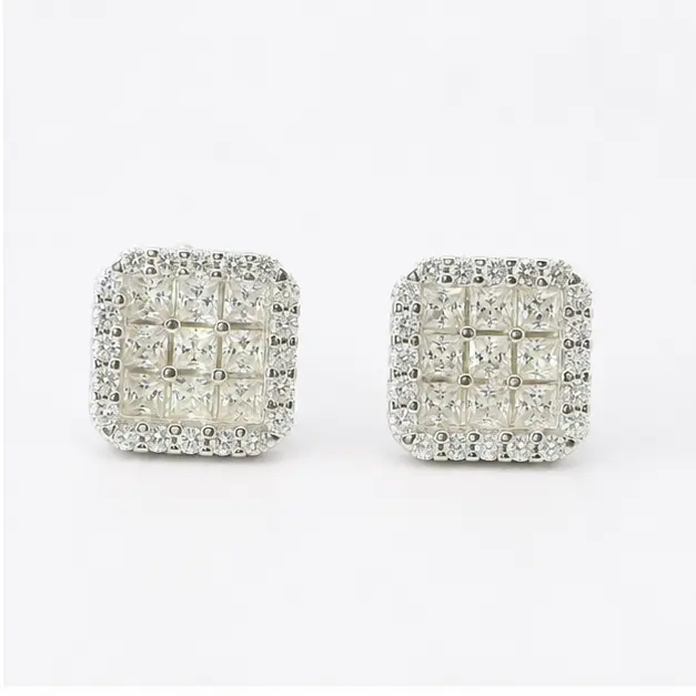 ST-00264-3 Silver Square Moissanite Cluster Halo Stud Earrings