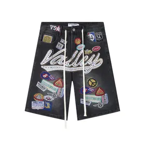 Oversized Vintage Washed Rhinestone "Valley" Slogan Patch Embroidered Jorts| Y2K Grunge Streetwear Denim Shorts| Unisex Hip Hop Bottoms for Men Women Summer Festival Edgy OOTD