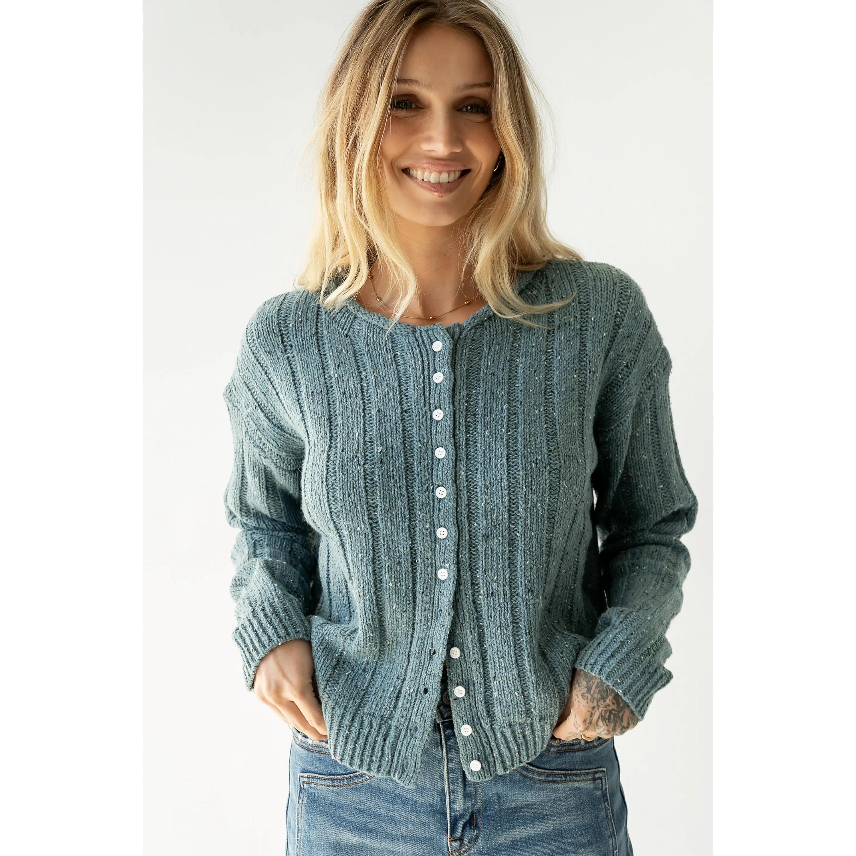 Women's Casual Speckled Stretch-Knit Cardigan - Round Neck, Button-Up, Long Sleeves, Ribbed Hem Sweater Top, Polyester Blend Wool Knitwear, Cold Wash, Hang Dry, Longsleeves
