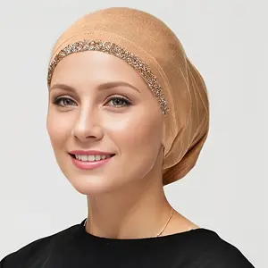 [Ramadan 3pcs Set] Rhinestone Embellished Beanie| Muslim Headscarf with a Fitted Cap (Forehead Adorned with Rhinestones, Skin-Friendly And Breathable, Suitable for Personal Use Or As a Gift) Available in Black/White/Tan, High Elasticity, Rhinestone Beanie