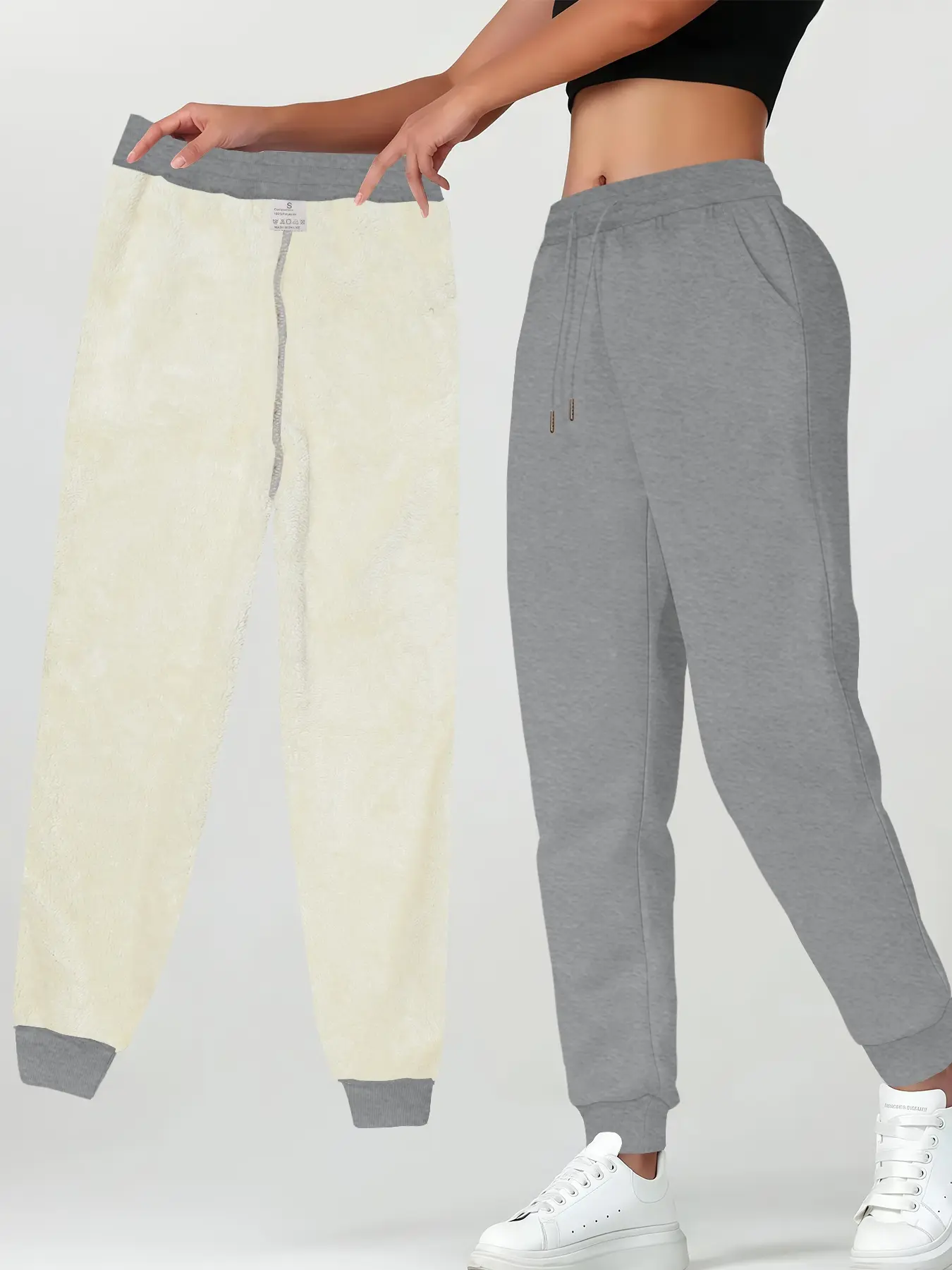 Women's Fleece Lined Thick Long Pants Drawstring, Warm Lamb Wool Inner Liner, Casual Fashion Straight Leg Fit Pants for Fall & Winter