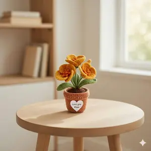 Crochet Flower Pot Gift for Mom, Handmade Amigurumi Yellow Flowers, Mother's Day Gift for Grandma, Cute Desk Decor, Mom Gift