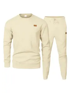 Men's Knit Set, Textured Sweatshirt with Drawstring Waistband Leather Tag, Soft Casual Two-Piece for Daily Wear Home Fall Winter, Textured Sweatsuit, Sweatsuit Set Outfit, Classic, Stretchy