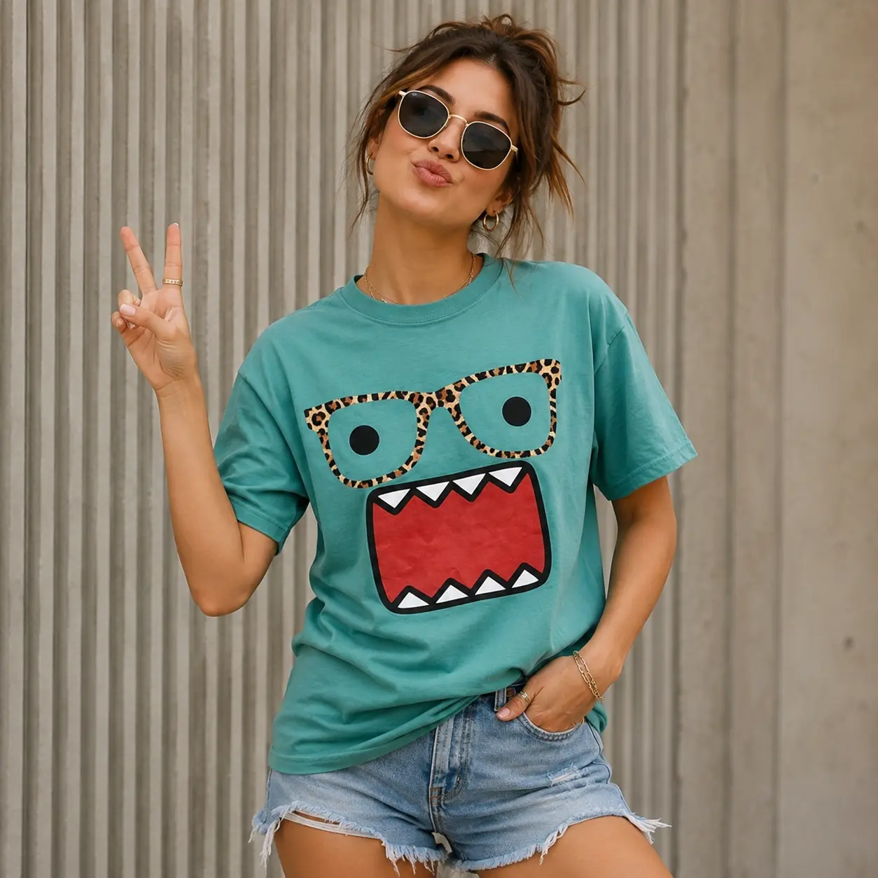 Funny Monster Face Graphic Tee, Cute Geek Monster Shirt, Leopard Glasses Cartoon T-Shirt, Retro Cute Character Tee, Unisex Gildan 5000