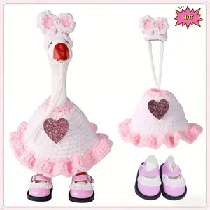 7Inch Magnetic Desk Goose Pink Knitted Outfit Set with Cute Heart Pattern Clothing and Hat&shoes Costume for Decorative Geese Statue Accessory