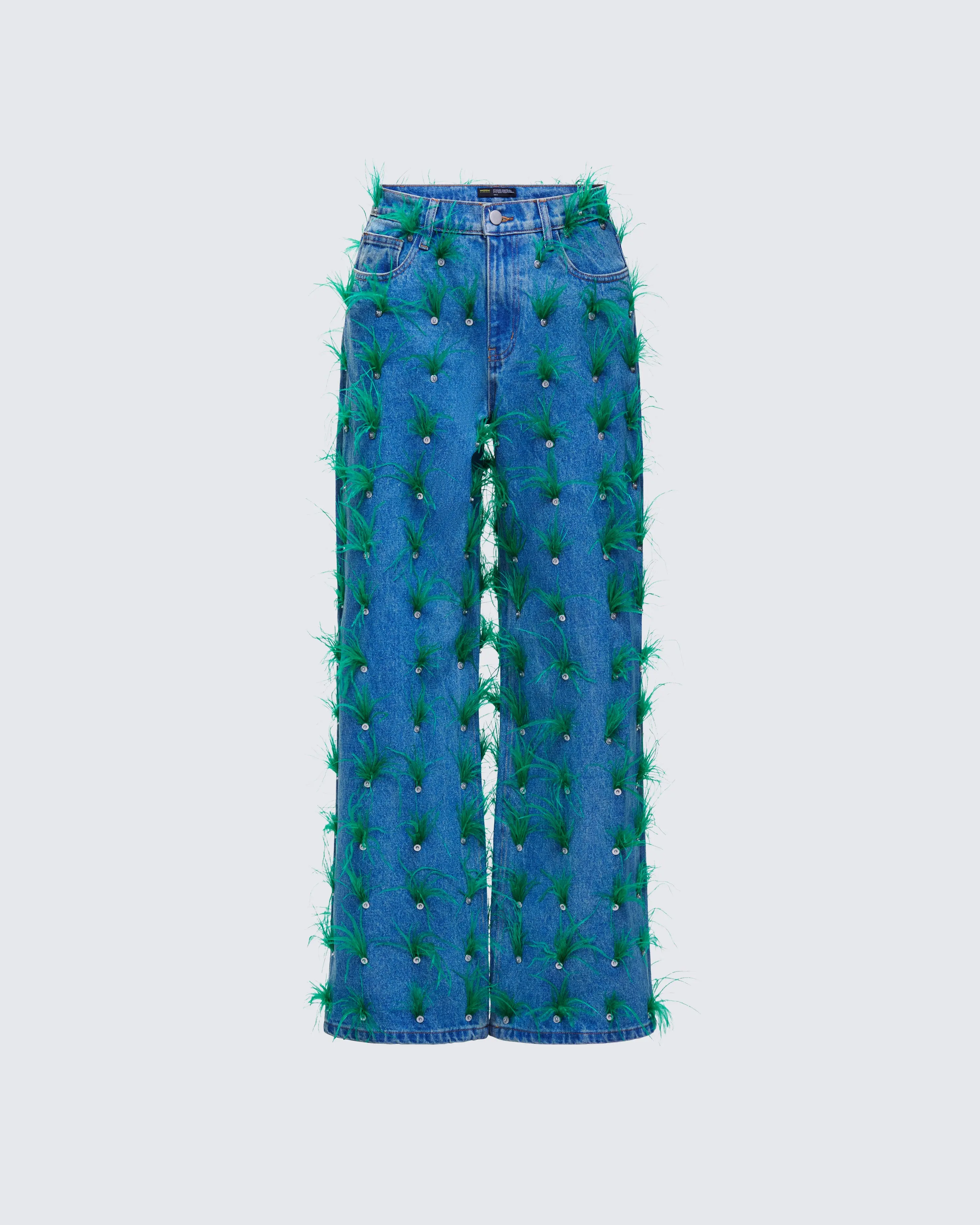 Women's Zia Blue Cotton Denim Straight Leg Jeans with Feather Trim - Stylish, Flattering-Fit Bottom Piece for Ladies