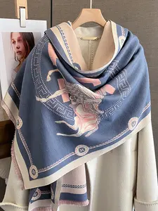 Women's Fashionable Carriage Print Scarf, Fluffy Soft Scarf, Autumn & Winter Versatile Short-Fringe Wrap, Neck Warmer Shawl for Outerwear Decoration