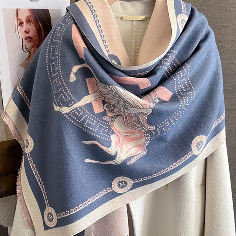Women's Fashionable Carriage Print Scarf, Casual Soft Scarf, Fluffy Soft Boho Style Scarf, Autumn & Winter Versatile Short-Fringe Wrap, Neck Warmer Shawl for Outerwear Decoration, Fringe Trim Shawl